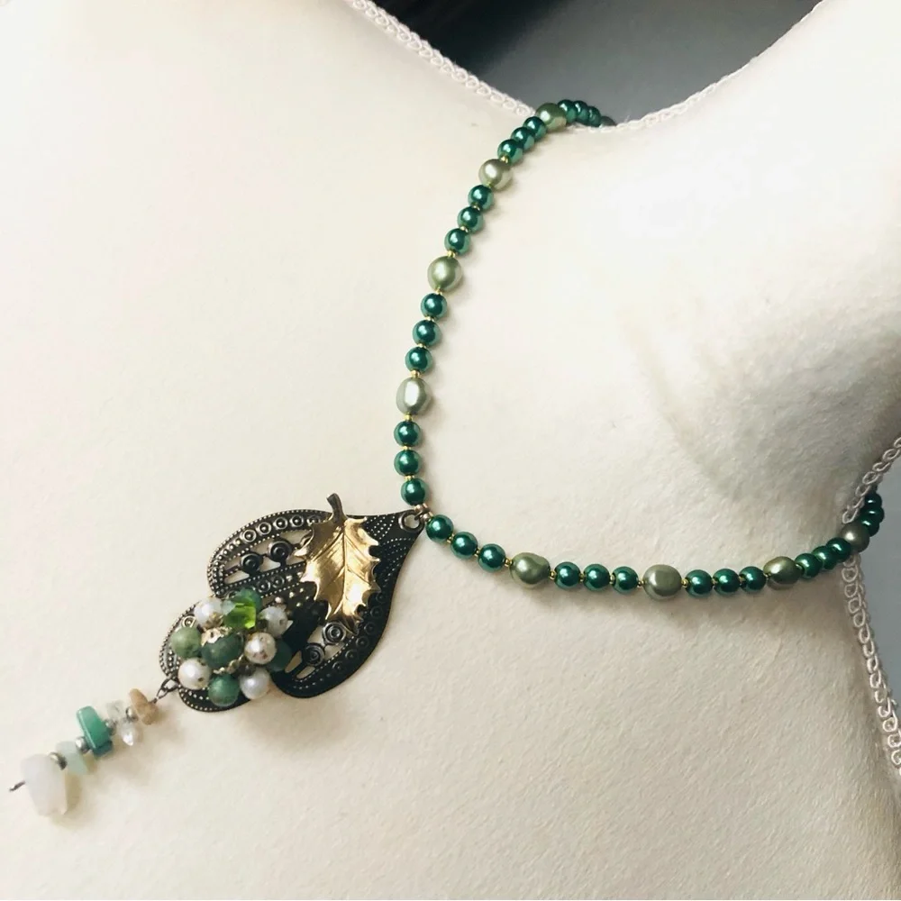 Handcrafted repurpose sage freshwater brass pendant Czech glass Pearl necklace